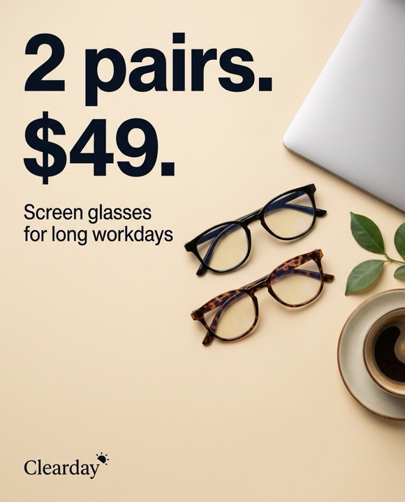Offer-first ad for screen glasses: '2 pairs. $49.'