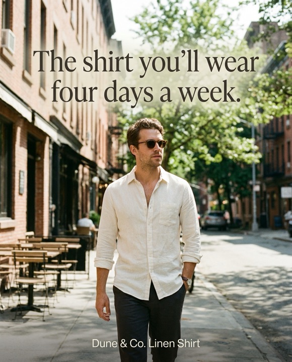 Editorial linen shirt ad: 'The shirt you'll wear four days a week.'